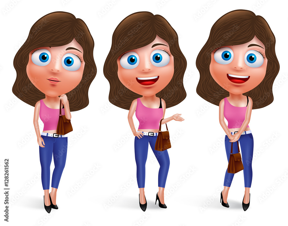 Teenage girl vector characters for fashion with different pose holding handbag wearing jeans and sexy outfit isolated in white background. Vector characters set.
