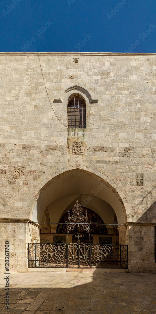 The entrance with decorative lattice, Cathedral of Saint James in Jerusalem