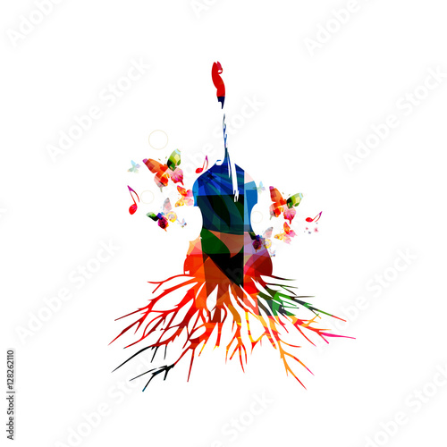 Colorful violoncello with music notes. Music background. Music instrument poster with music notes. Cello with tree root. Music notes, music equipment design. Violoncello vector isolated