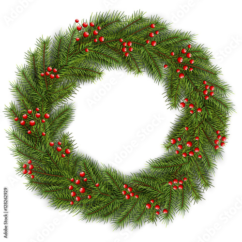 Christmas wreath green fir tree. Vector 3D christmas background.