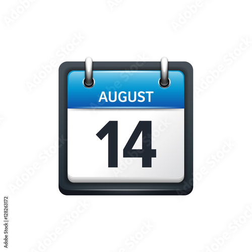 August 14. Calendar icon.Vector illustration,flat style.Month and date.Sunday,Monday,Tuesday,Wednesday,Thursday,Friday,Saturday.Week,weekend,red letter day. 2017,2018 year.Holidays.