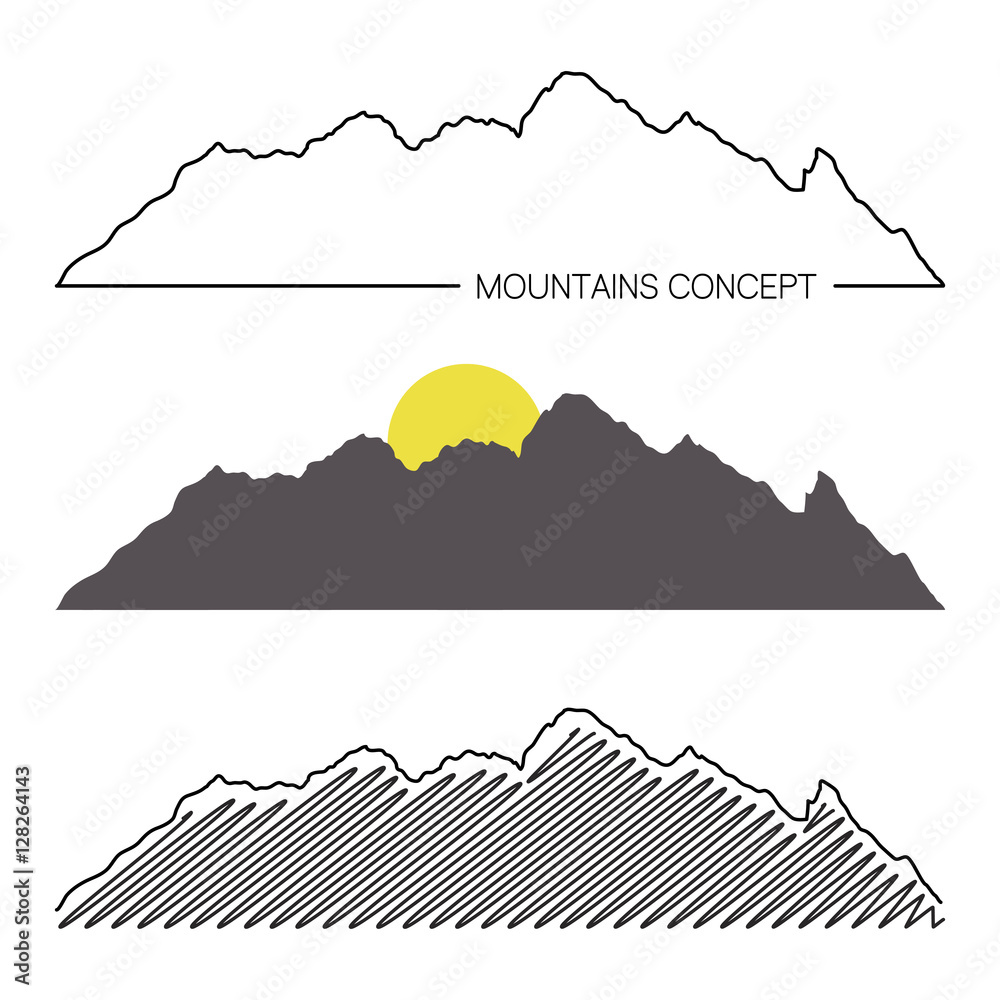 Set of mountain ridges on white background. Different variants of silhouette. Outdoor and travel concept.