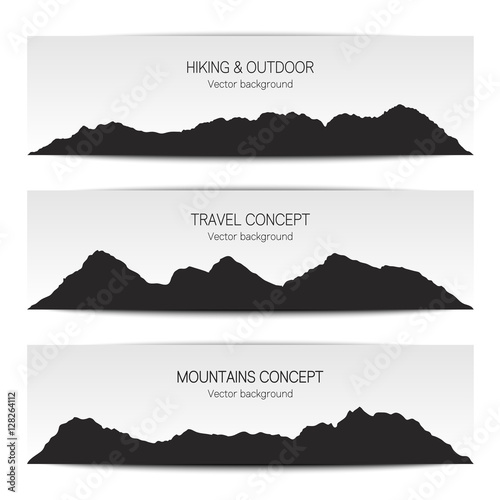 Set of mountain range banners. Vector illustration in black and white. Outdoor and travel concept for advertising.