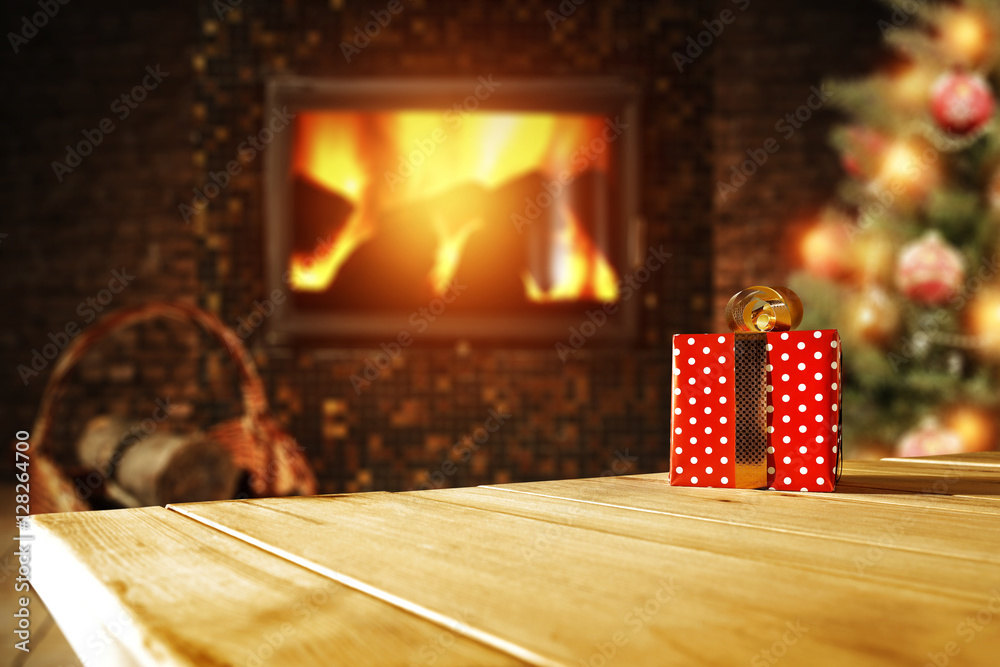 xmas tree fireplace and wooden desk space xmas tree fireplace and wooden desk space