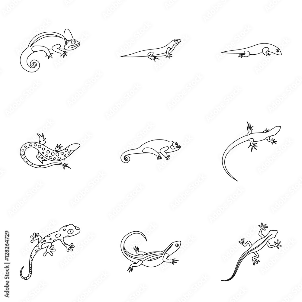 Iguana icons set. Outline illustration of 9 iguana vector icons for web