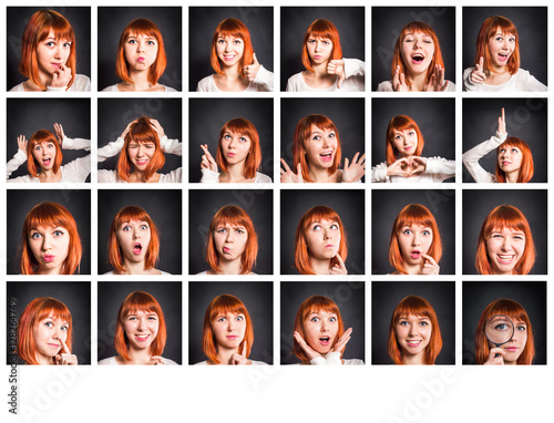 Young woman showing several expressions on black background. photo