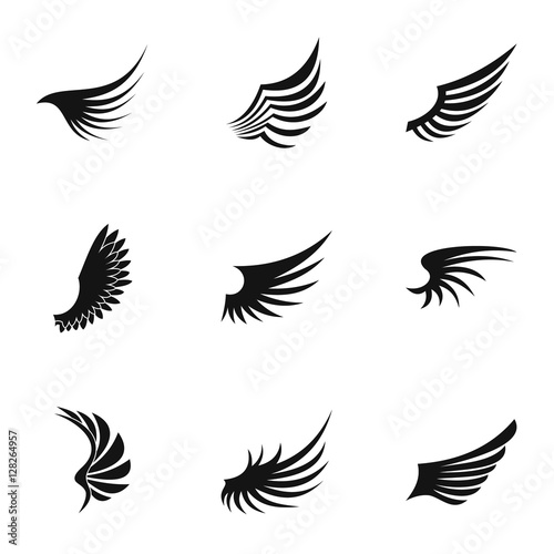 Feather wings icons set. Simple illustration of 9 feather wings vector icons for web