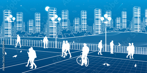 City scene, people walk on the square, city's skyline, white lines on blue background, street life, night town, vector design art
