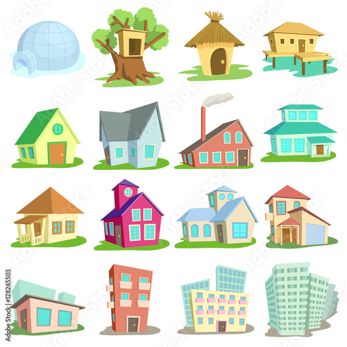 Houses icons set. Cartoon illustration of 16 houses vector icons for web