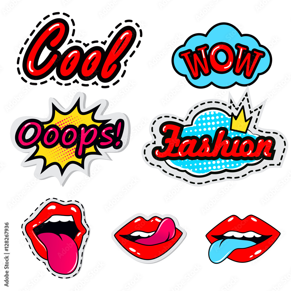 Sketch comics Set of stickers with hearts, speech bubbles, text cool, love,  lightning, lips, fashion, wow, oops, tongue Girlish fashion elements in  bright colors. Comic style. Fashion patch badges Stock Vector