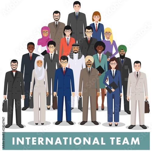Group of business men and women, working people standing together on white background. Business team and teamwork concept. Different nationalities and dress styles. Flat design people characters.