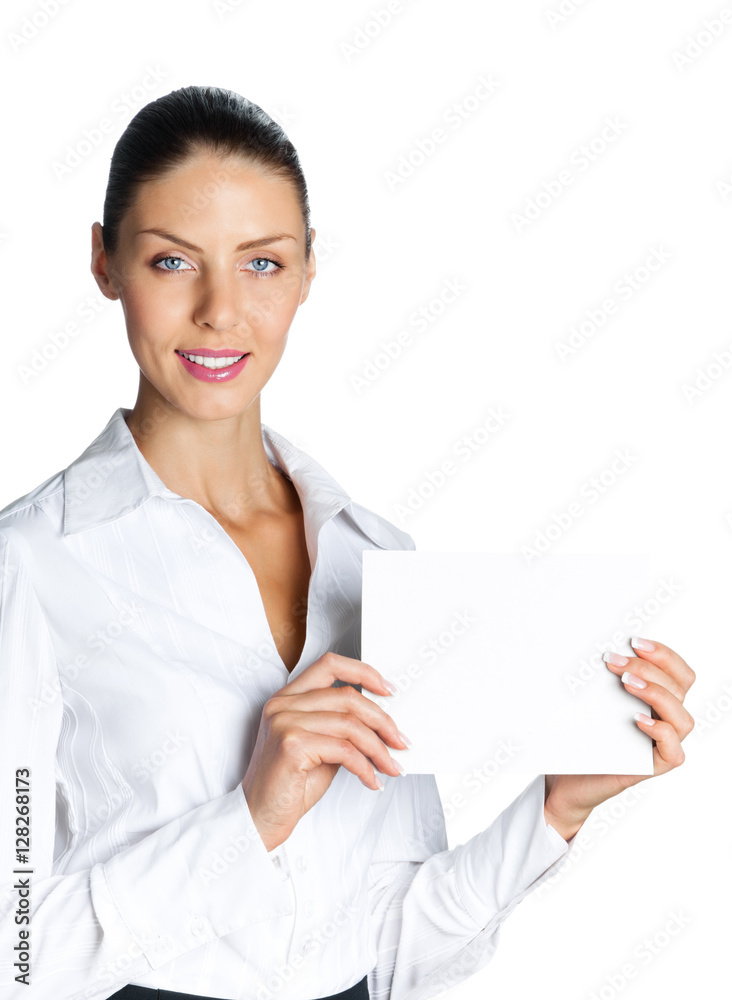 Young businesswoman showing signboard, isolated on white Young businesswoman showing signboard, isolated on white