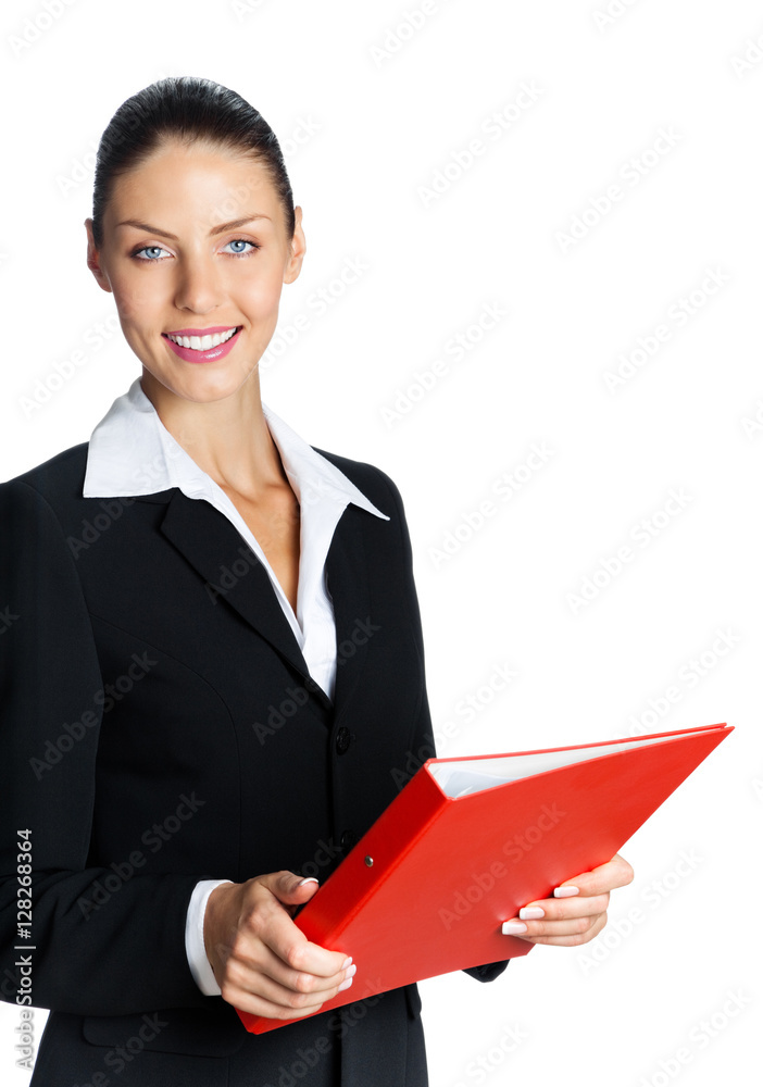 businesswoman with red folder, isolated on white businesswoman with red folder, isolated on white
