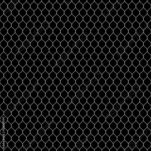 Vector seamless pattern, white thin wavy lines on black backdrop. Illustration of mesh, fishnet, lace. Subtle monochrome background, simple repeat texture. Design for prints, decor, cover, textile