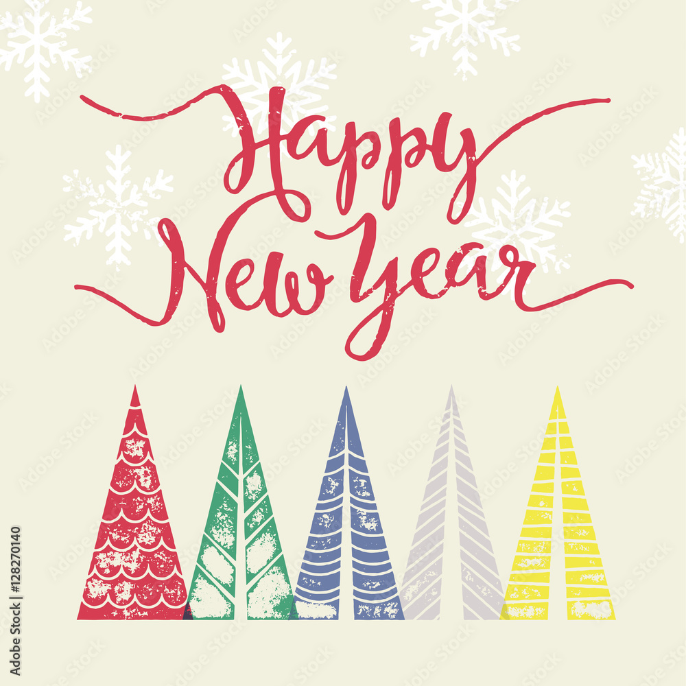 Colorful winter holiday greeting card New Year text