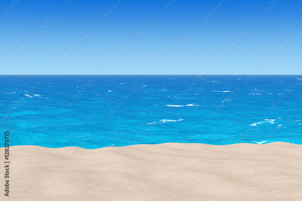 Fototapeta premium Sand Sunny Tropical beach with Ocean and a Lot of Copy Space. 3d