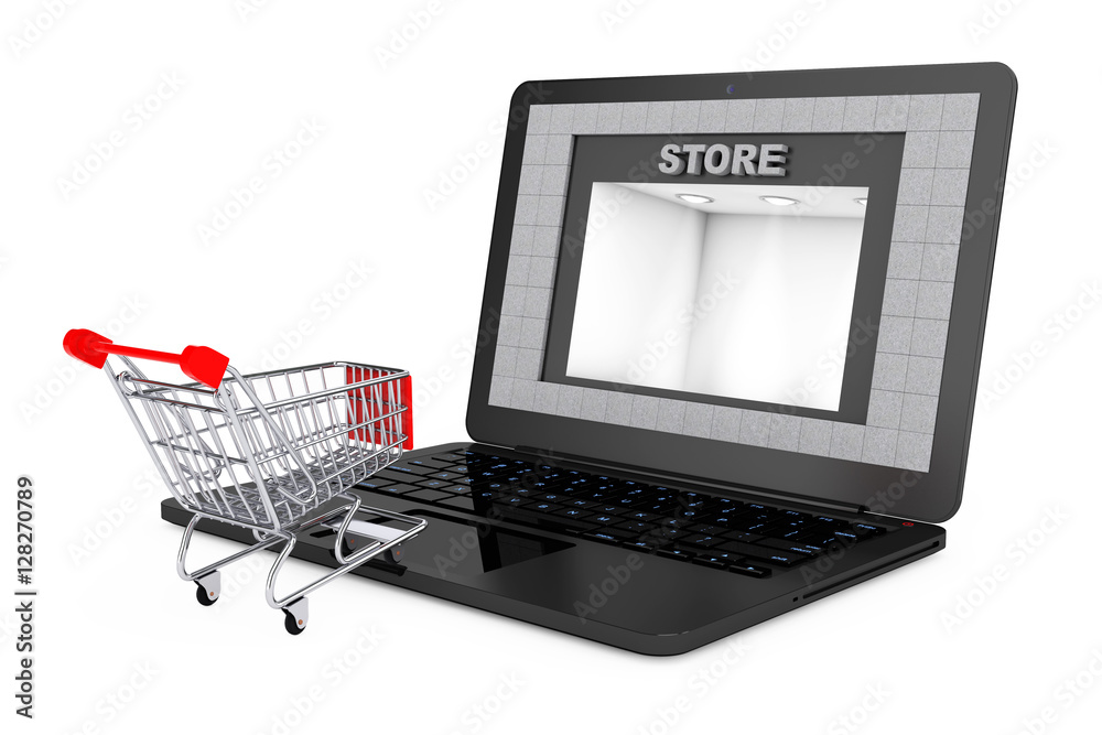 Online Shopping Concept. Shoppping Cart over Laptop with Store B