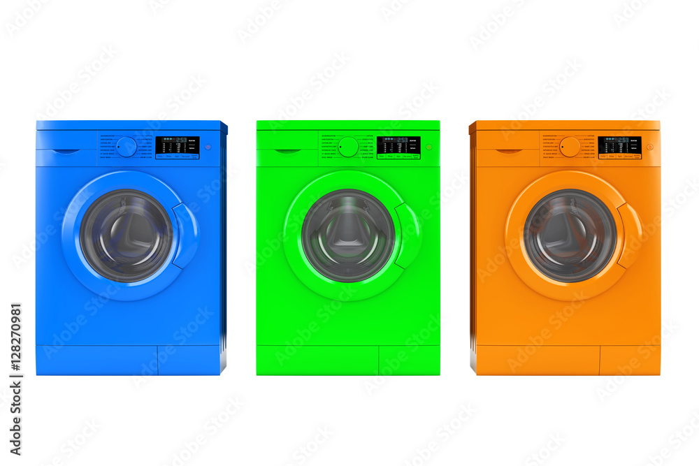 Multicolour Modern Washing Machines. 3d Rendering