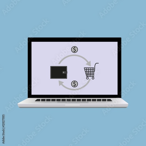 the open laptop with the image of the consumer basket. the circulation of money and goods. vector illustration of cartoon