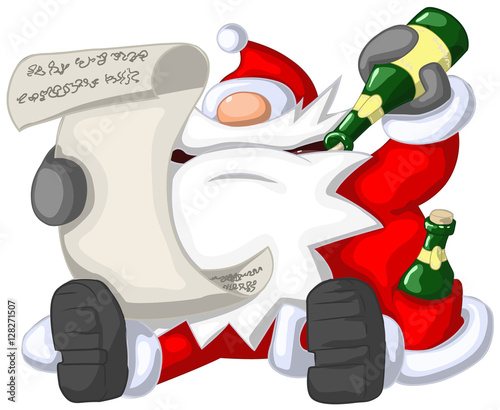 Santa Claus reading, Christmas party celebration humorous cartoon, vector, isolated 

