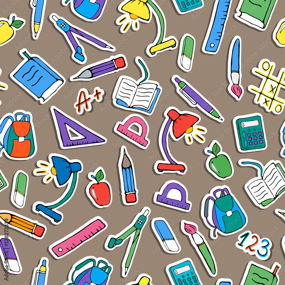 Seamless pattern on the theme of the school, a simple hand-drawn color icons on brown background Seamless pattern on the theme of the school, a simple hand-drawn color icons on brown background