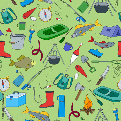 Seamless pattern on the theme of fishing, a simple hand-drawn icons on green background