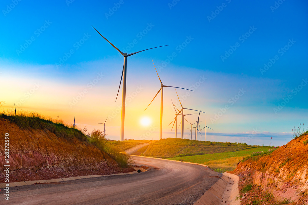 Obraz premium Windmills in sunset time at Khao Kho, Phetchabun, Thailand