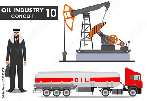 Oil industry concept. Detailed illustration of gasoline truck, oil pump and arab businessman in flat style on white background. Vector illustration.