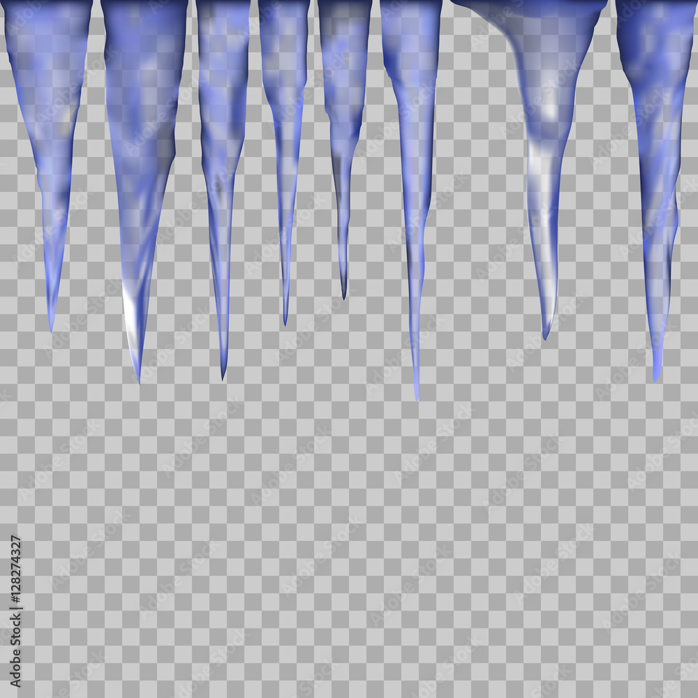 Hanging translucent icicles in blue colors on transparent background.