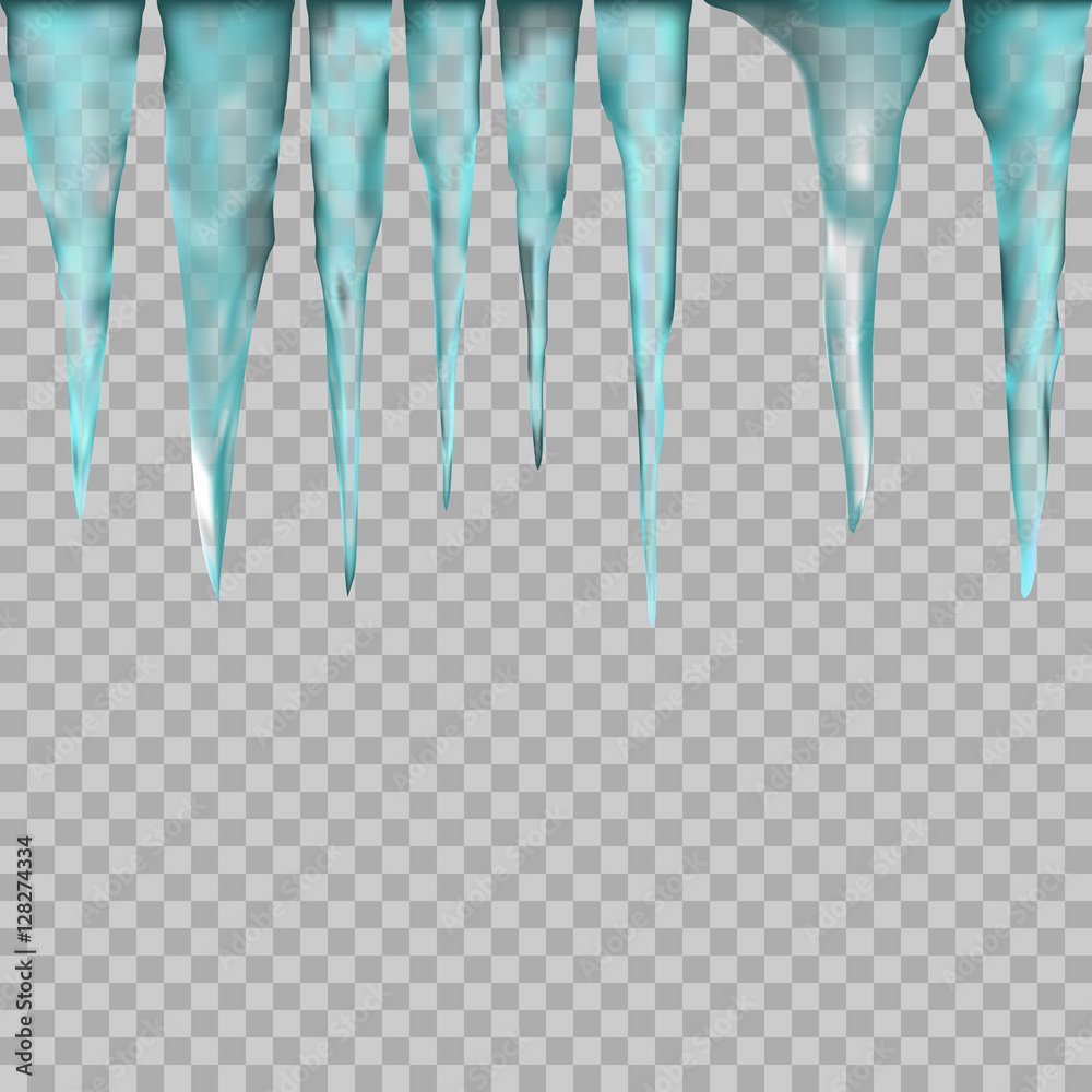 Hanging translucent icicles in blue colors on transparent background.