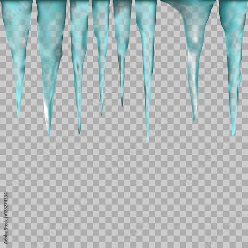 Hanging translucent icicles in blue colors on transparent background.