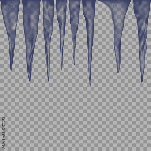 Hanging translucent icicles in blue colors on transparent background.