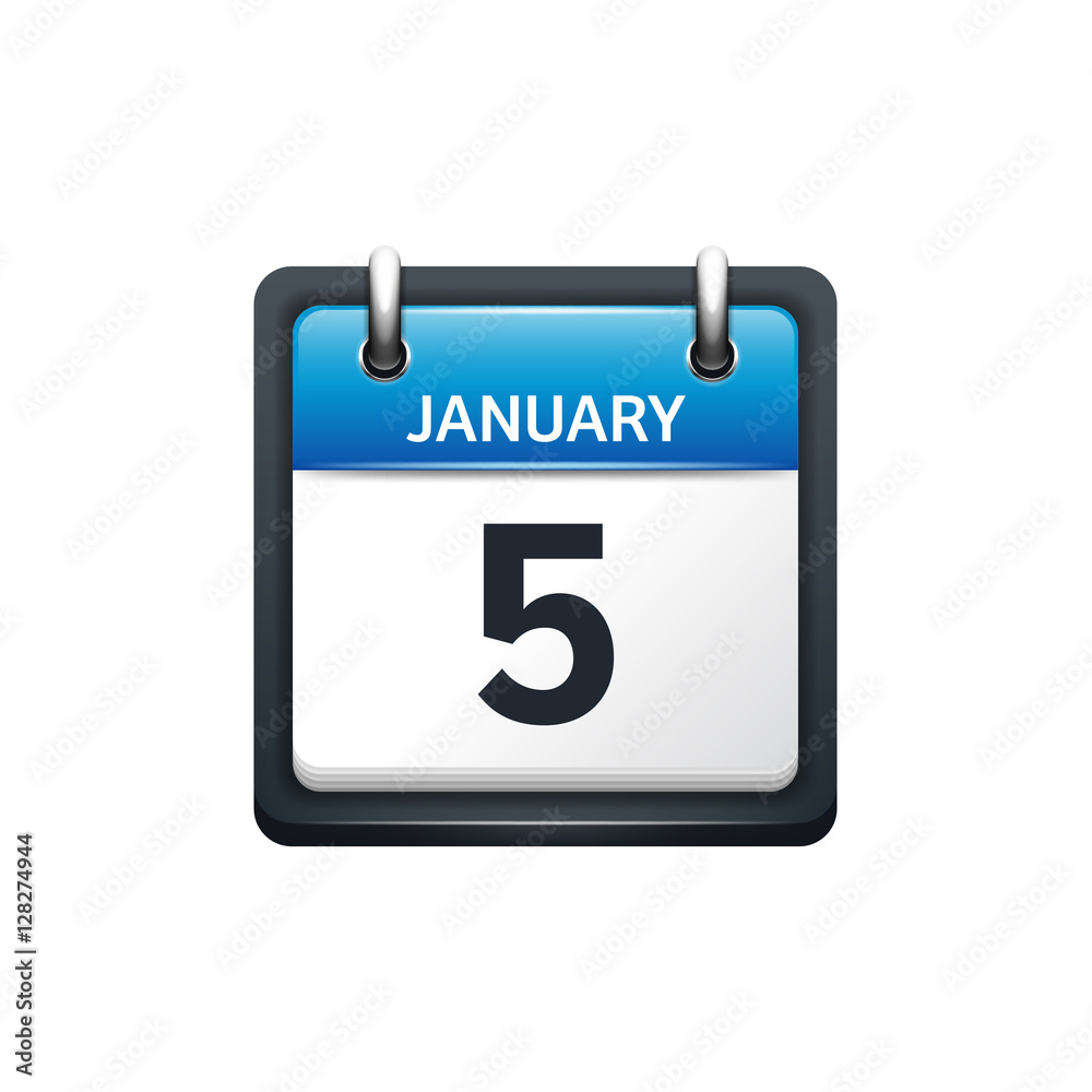 January 5. Calendar icon.Vector illustration,flat style.Month and date.Sunday,Monday,Tuesday,Wednesday,Thursday,Friday,Saturday.Week,weekend,red letter day. 2017,2018 year.Holidays.