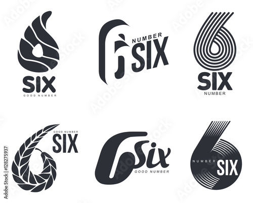 Set of black and white number six logo templates, vector illustrations isolated on white background. Black and white graphic number six logo templates - technical, organic, abstract photo