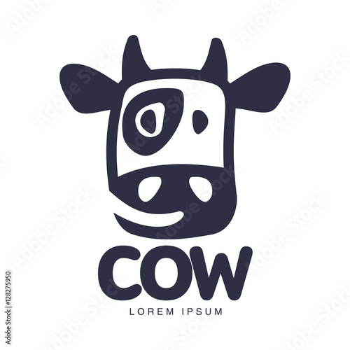 Funny cow head logo template, cartoon vector illustration on white background. Cute, smiling, funny front view cow head for dairy, beef, farm products logo design