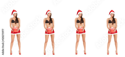 woman wearing santa claus clothes with Christmas gift 