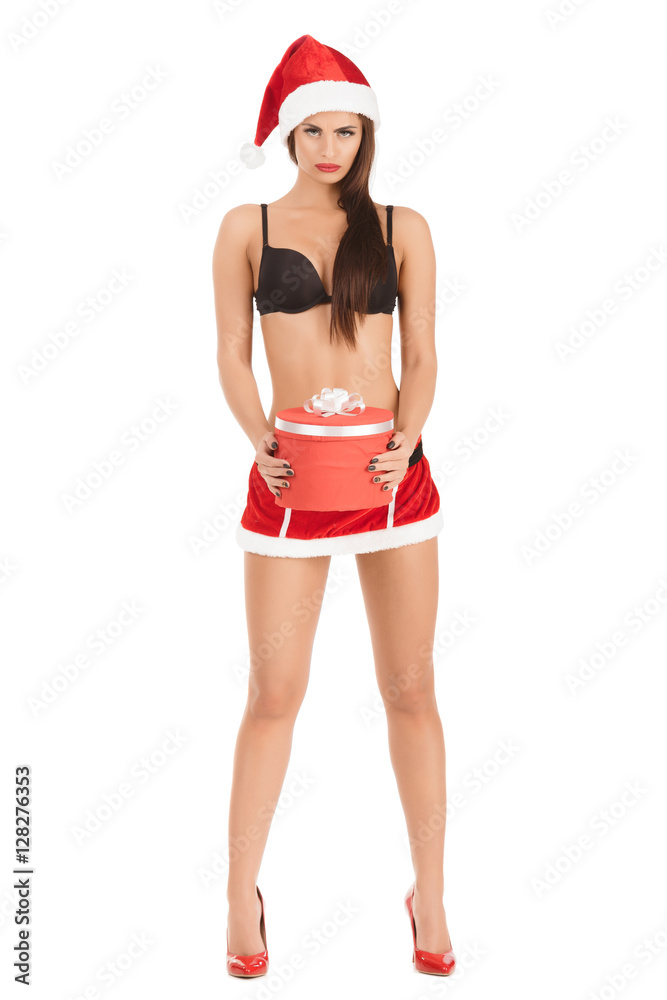 woman wearing santa claus clothes with Christmas gift woman wearing santa claus clothes with Christmas gift