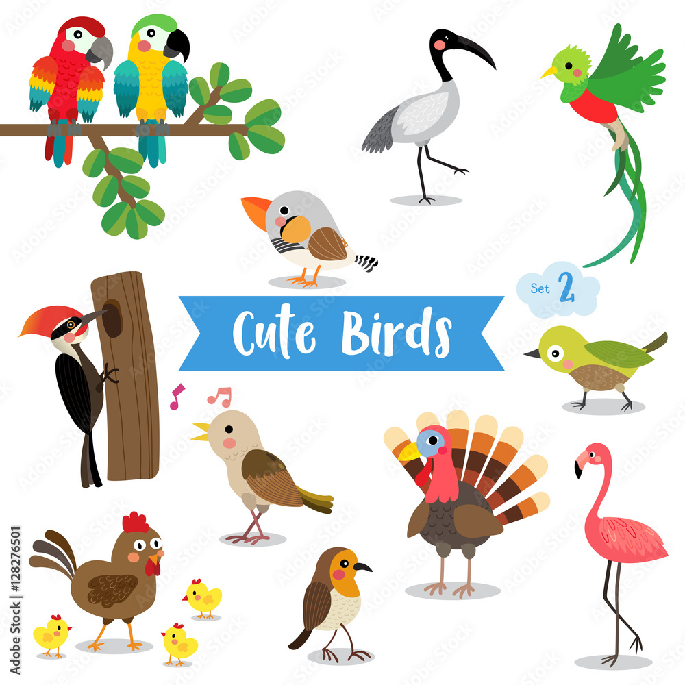 Cute Birds Animal cartoon on white background. Chicken. Chick. Flamingo. Parrot. Turkey. Nightingale. Woodpecker. Zebra Finch. Uguisu. Quetzal. Ibis. Robin. Vector illustration. Set 2.