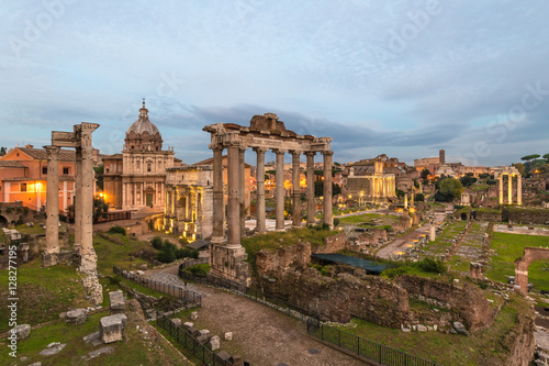 Rome (Italy) - The archeological ruins in historic center of Rome, named Imperial Fora. Cityscape from Campidoglio and Via dei Fori Imperiali.