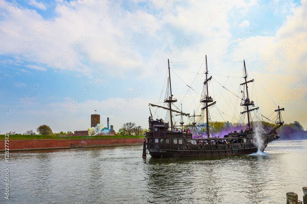 Armed galleons attacking the fortress Wisloujscie in Gdansk, Poland. Armed galleons attacking the fortress Wisloujscie in Gdansk, Poland.