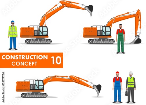 Worker concept. Detailed illustration of excavator, worker, miner, engineer, businessman in flat style on white background. Heavy construction and mining machine. Vector illustration.