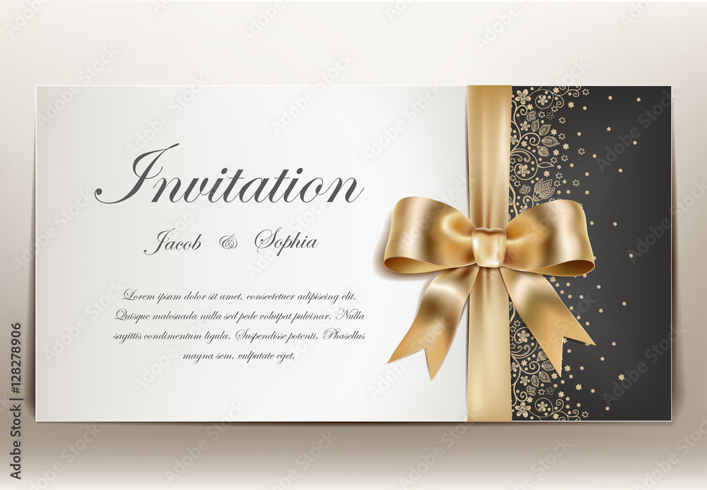  pretty wedding invitation with golden ribbon and bow. - obrazy, fototapety, plakaty 