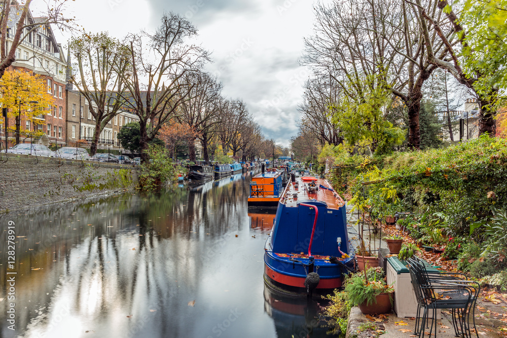 Water Canal and reflections in Little Venice in London in Autumn Water Canal and reflections in Little Venice in London in Autumn