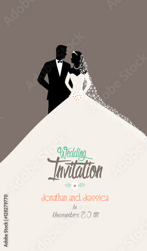 wedding invitation with a bride and groom in retro flat style