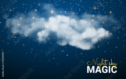 Fototapeta Naklejka Na Ścianę i Meble -  Magic Christmas Cloud. Shining Stars. Night sky abstract background. Vector illustration Christmas. Fairy Dust
