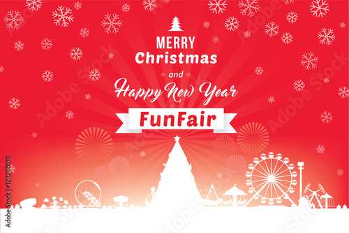 Merry Christmas and Happy New Year with amusement funfair, snowflakes and fireworks background. Vector illustration