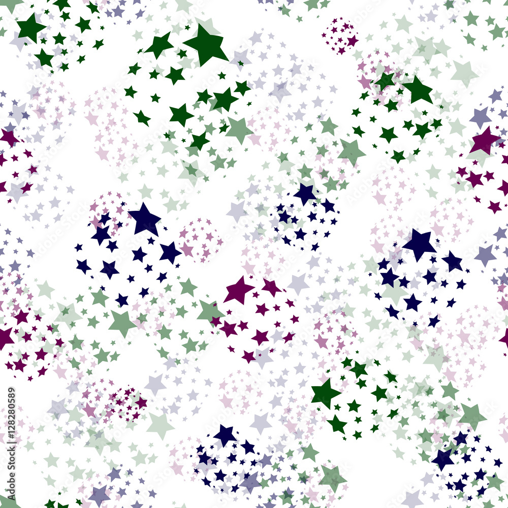 Pattern with coloured stars. Seamless white background. Transparent stars. Vector illustration