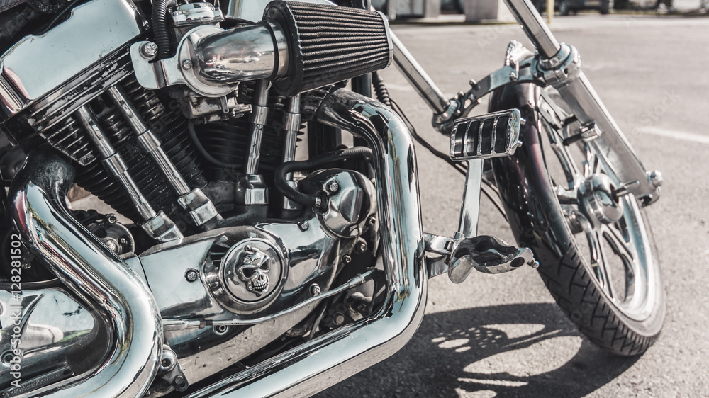 Close up view of a shiny motorcycle engine Close up view of a shiny motorcycle engine