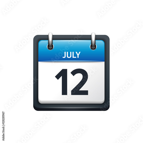 July 12. Calendar icon.Vector illustration,flat style.Month and date.Sunday,Monday,Tuesday,Wednesday,Thursday,Friday,Saturday.Week,weekend,red letter day. 2017,2018 year.Holidays.
