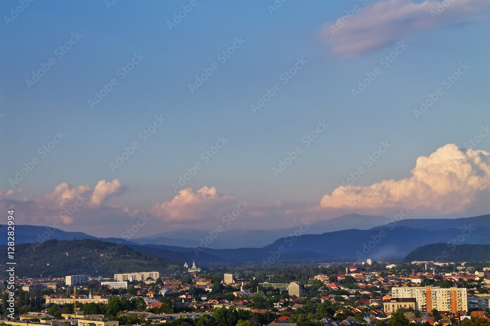 view from the mountains in the Ukrainian town of Mukachevo and the Carpathian mountains